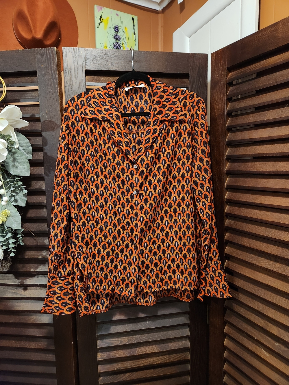 Orange Geo-Print Button-Down Shirt with Collar
